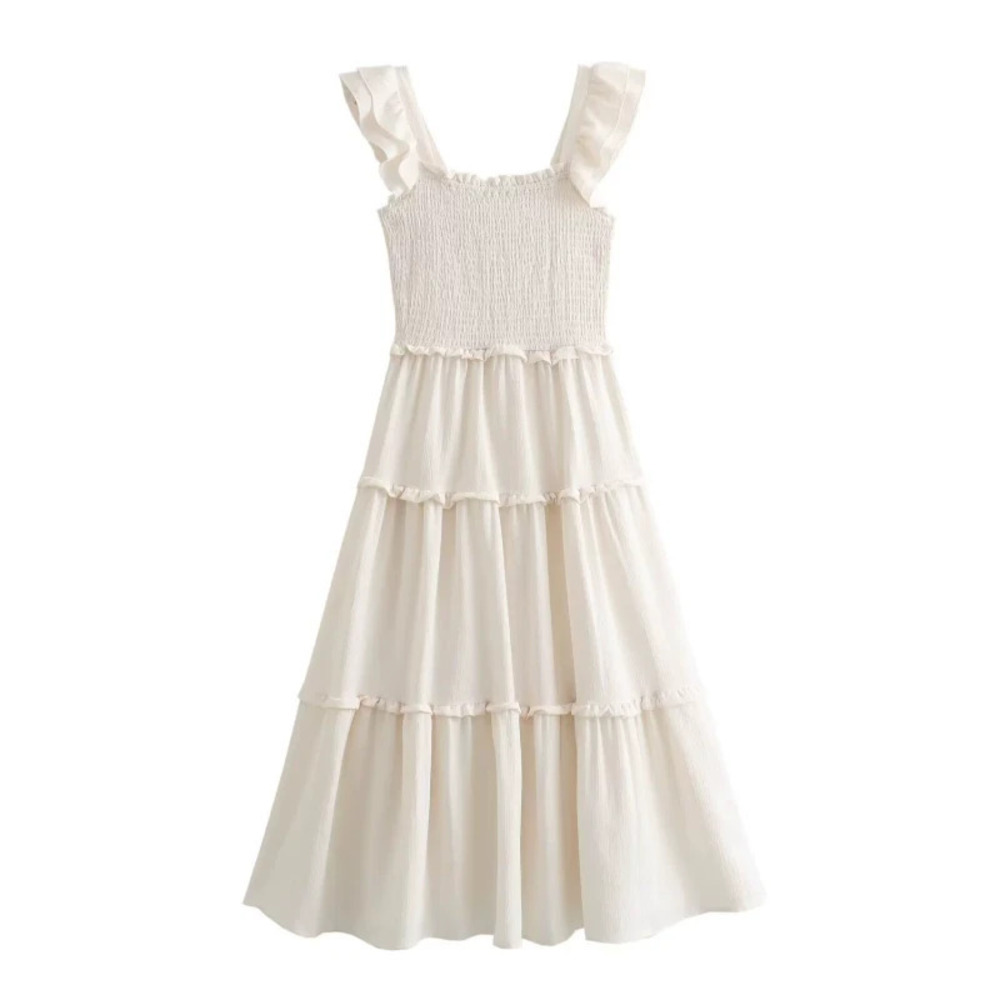 ZARA Solid Color Shirred Spliced Sleeveless Dress